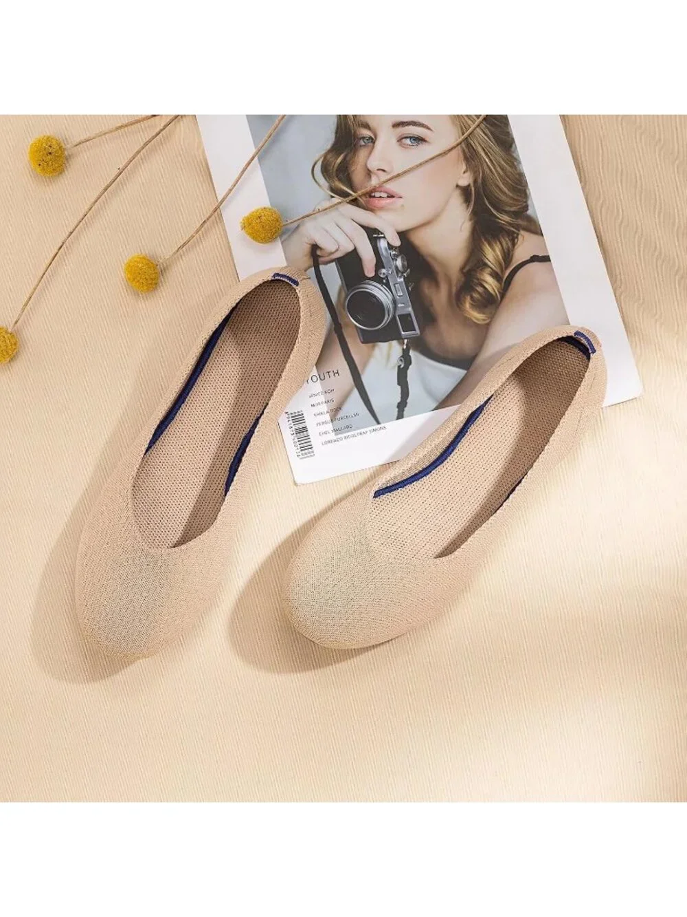 Women's Beige Round Toe Knit Dress Low Wedge Slip On Ballerina Ballet Flat Shoes
